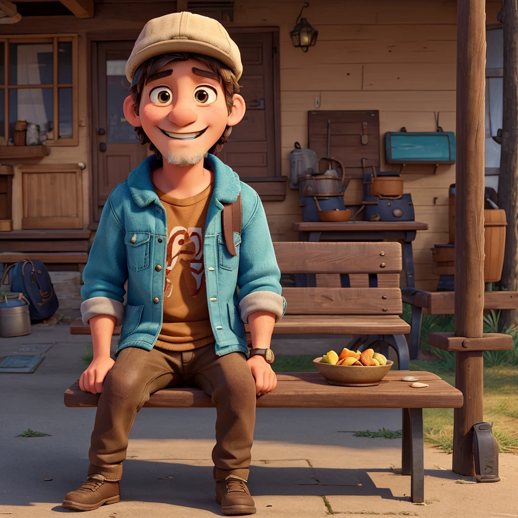 A homeless man, dressed in worn out clothes, but colorful and very detailed, is sitting on a park bench. He has a genuine smile and bright eyes, expressing gratitude and happiness. na sua frente, on a simple table, there is a plate of hot and tasty food. The scene is softly lit, with a warm and inviting atmosphere.
styled:
The style must be inspired by Disney Pixar animations, with soft and detailed strokes, vibrant colors and a cartoonish touch. The character must have exaggerated characteristics, such as large expressive eyes and a clear, friendly facial expression.
Character details:
badass clothing: Used, but with a colorful touch and textured details. May include a worn coat, patched pants and an old hat.
Facial expression: Wide smile and bright eyes. The face should convey happiness and gratitude.
Accessories: A worn-out bag or backpack next to the bench.
enviroment:
Location: An urban square with trees in the background and a distant water fountain. The scene should be warm and welcoming.
Lighting: Soft late afternoon light, creating long shadows and a tranquil atmosphere.
Objects in the Scene:
Food Plate: A well served plate of hot food, with details of steam coming out, indicating that it is freshly prepared.
tabletop: A simple wooden or metal table, with some wear details.