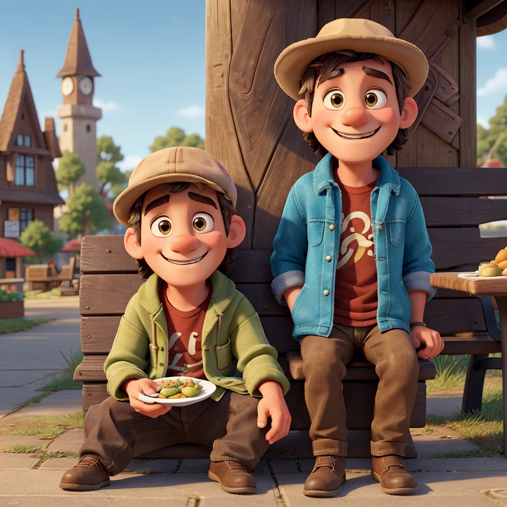 A homeless man, dressed in worn out clothes, but colorful and very detailed, is sitting on a park bench. He has a genuine smile and bright eyes, expressing gratitude and happiness. na sua frente, on a simple table, there is a plate of hot and tasty food. The scene is softly lit, with a warm and inviting atmosphere.
styled:
The style must be inspired by Disney Pixar animations, with soft and detailed strokes, vibrant colors and a cartoonish touch. The character must have exaggerated characteristics, such as large expressive eyes and a clear, friendly facial expression.
Character details:
badass clothing: Used, but with a colorful touch and textured details. May include a worn coat, patched pants and an old hat.
Facial expression: Wide smile and bright eyes. The face should convey happiness and gratitude.
Accessories: A worn-out bag or backpack next to the bench.
enviroment:
Location: An urban square with trees in the background and a distant water fountain. The scene should be warm and welcoming.
Lighting: Soft late afternoon light, creating long shadows and a tranquil atmosphere.
Objects in the Scene:
Food Plate: A well served plate of hot food, with details of steam coming out, indicating that it is freshly prepared.
tabletop: A simple wooden or metal table, with some wear details.