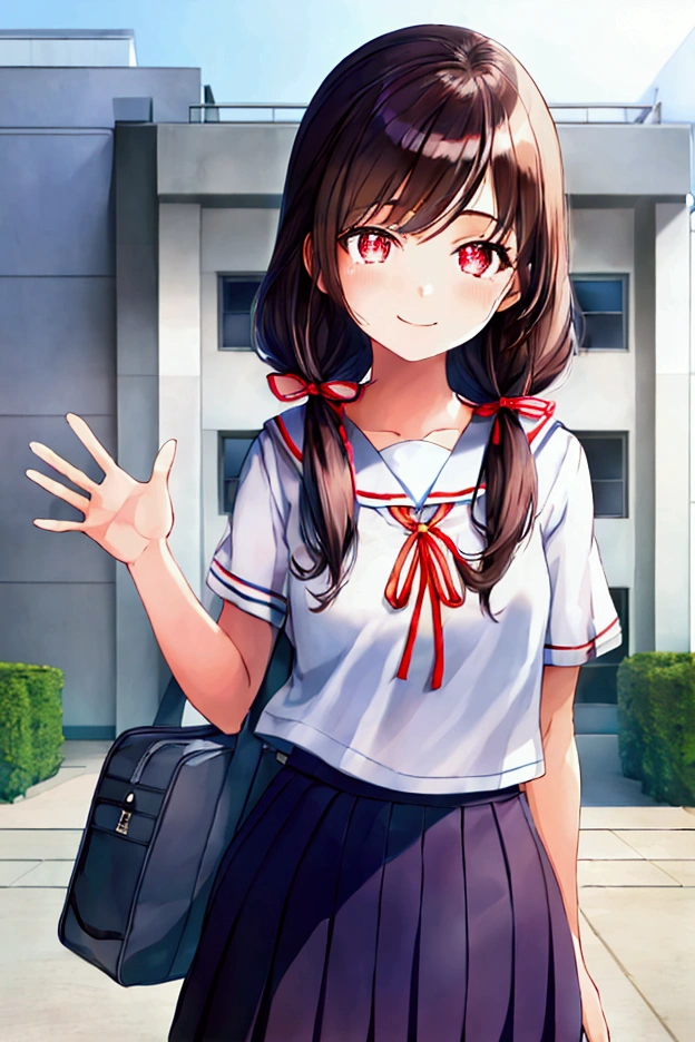 1girl, standing, (waving at the camera with left hand), (hand on chest with right hand), (head tilt), smile, ****, standing, gentle smile, ****, head tilt, school building on the back, 3-story white school building, outdoor, tree on side, (low twintails), red ribbon on hair, very long black hair, white serafuku with blue ribbon, navy-blue collar, navy-blue skirt, (dark brown eye), school bag on right shoulder, afternoon, summer, school, (from front:1.4), upper body, anime, high brightness, detailed face, detailed eyes, (high quality, ultra detailed, masterpiece, super detail, highres, anatomically correct, UDH), good hands, good fingers, Japanese anime style, extremely cute