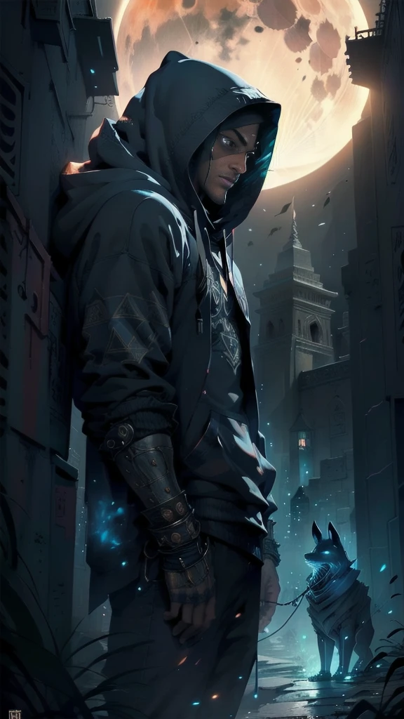 A man in a hoodie standing in front of an imposing Egyptian pyramid adorned with a detailed design of Anubis, the god of death in Egyptian mythology. The man appears to be in a trance, as if guided by the ghost of Anubis on his path towards the pyramid. In the sky, a photo of the Anubis ghost can be seen, as if signaling that the man is in the right place. What secrets will he discover in the ancient pyramid? A red full moon in the background