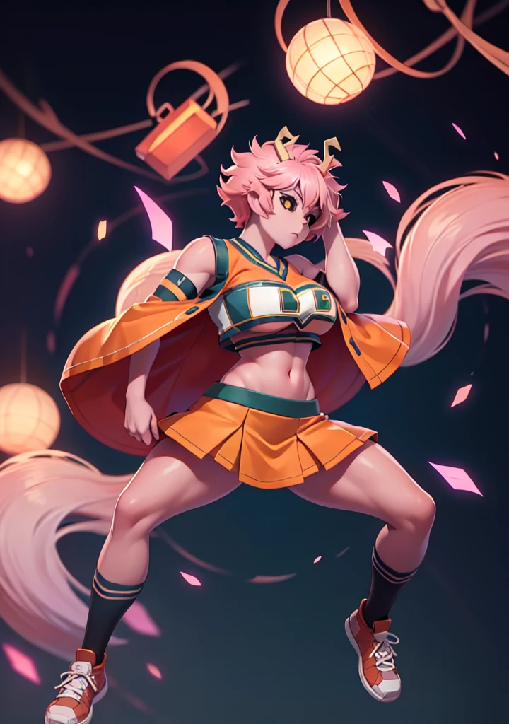 mina ashido, 1girl, solo, looking at viewer, short hair, simple background, yellow eyes, pink hair, horns, colored skin, colored sclera, black sclera, pink skin, U.A. CheerUniform, orange skirt, (bare belly), perfect shading, bare shoulders, big breasts