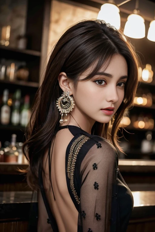 masterpiece, highest quality, Realistic, Very detailed, Finer details, High resolution, 8k wallpaper, One beautiful woman india, Wear a black see-through shirt, A great bar counter, At night, Light brown messy hair, Perfect dynamic composition, Beautiful and beautiful eyes、Big earrings、Back view、