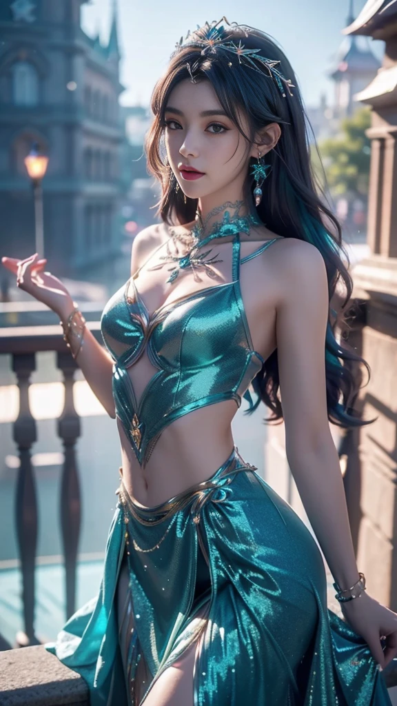 8K, UHD, MAsterpiece, best quality, 1 girl, (realistic face), happy pace, very long hair, small breasts, decorated dress, very beautiful ornaments dress, ((teal and sparkle color)), ((lace)), mesh dress, sardine, loops, legendary night balcony, depth of field, cinematic lighting, chromatic aberration, motion blur, glowing light, god rays, ray tracing, reflection light, backlighting, navel short,