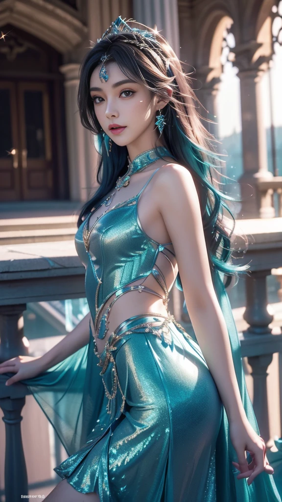 8K, UHD, MAsterpiece, best quality, 1 girl, (realistic face), happy pace, very long hair, small breasts, decorated dress, very beautiful ornaments dress, ((teal and sparkle color)), ((lace)), mesh dress, sardine, loops, legendary night balcony, depth of field, cinematic lighting, chromatic aberration, motion blur, glowing light, god rays, ray tracing, reflection light, backlighting, navel short,