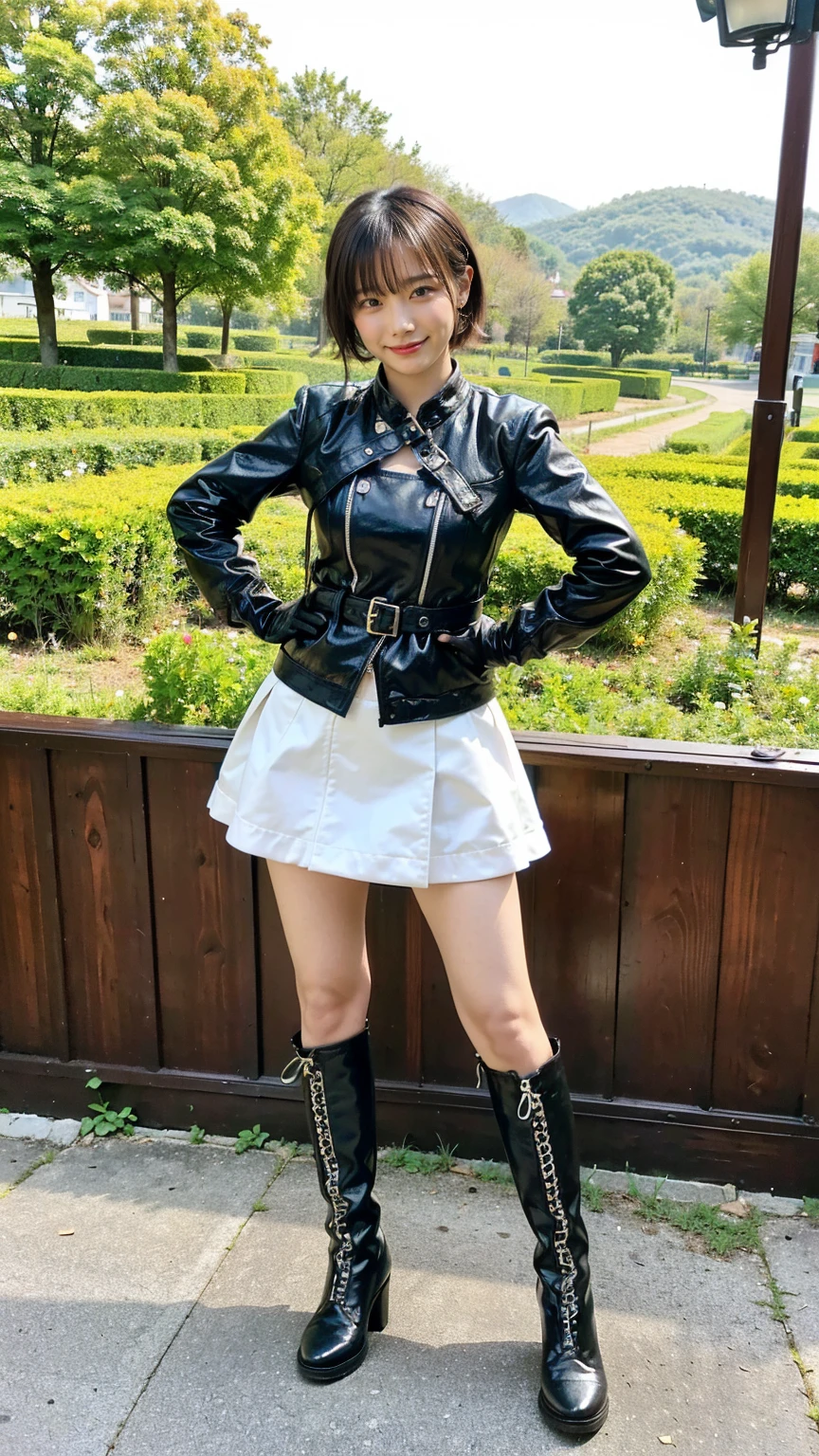 (8k、RAW Photos、Highest quality、masterpiece:1.2)、(Realistic、Realistic)、1 Girl、((mini skirt、Medium Hair、smile、whole body、Gloves、Jacket、black、boots、garden、View from the front、Looking at the camera、Hands on your hips))、cute