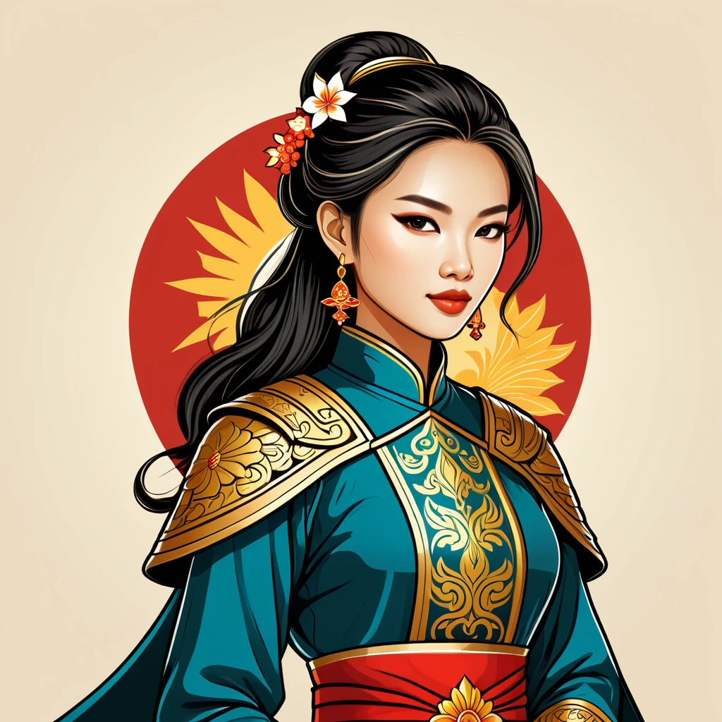 female paladin in vietnamese folk outfit ,vector graphics, strong contours, logo design