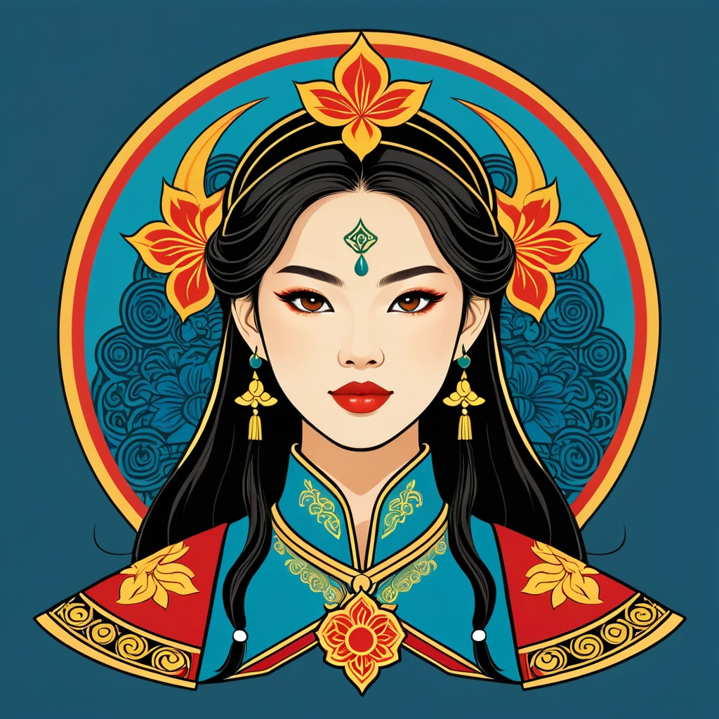 female	paladin	in vietnamese folk outfit	,vector graphics, strong contours, logo design																						