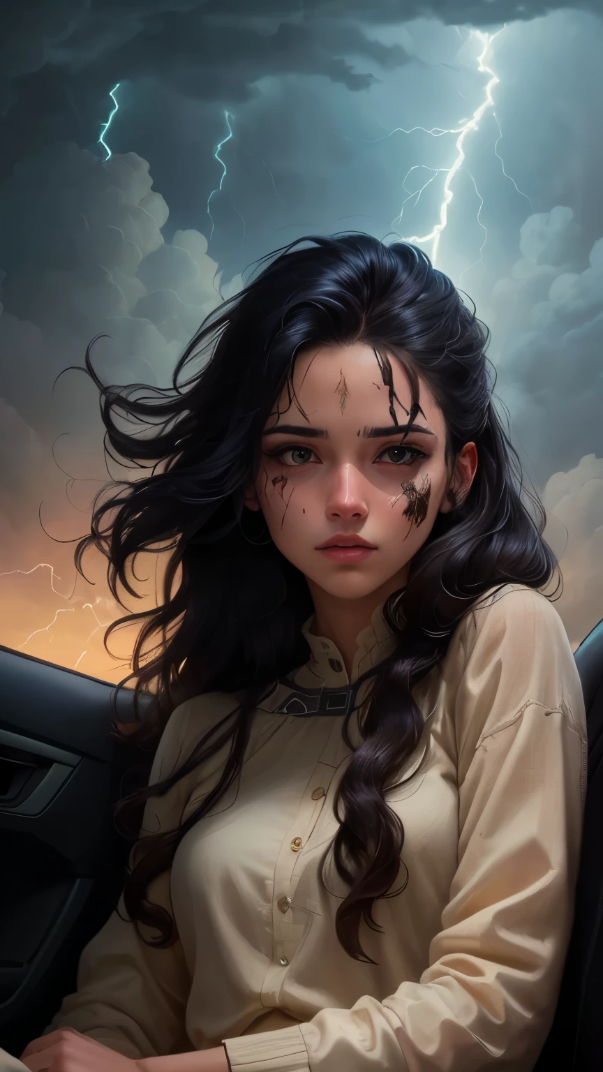 ((best quality)), ((masterpiece)), (detailed), A digital illustration of a long black haired young woman seating injured on road with a lightning bolt scar on her forehead and dark storm clouds in the background