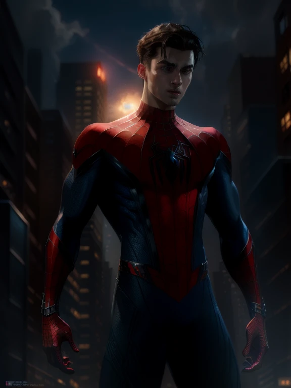 (Award Winning Digital Artwork:1.3) ,(Energetic:1.3), spider-man,CGSociety,ArtStation,,(Masculinine:1.4),(beautiful:1.4),(attractive:1.3),handsome,web shot pose,perfectly detailed eyes, Spider web, thematic background, black costume, swinging