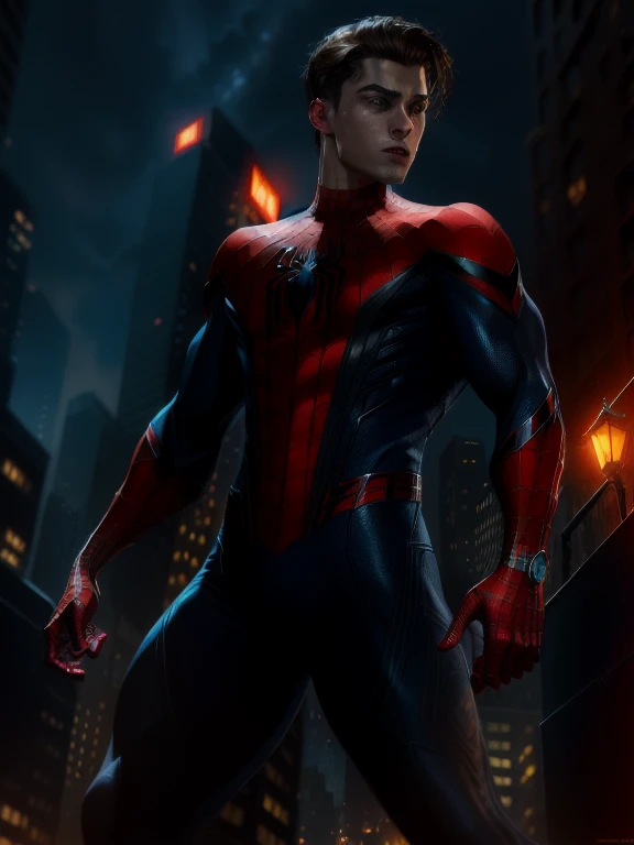 (Award Winning Digital Artwork:1.3) ,(Energetic:1.3), spider-man,CGSociety,ArtStation,,(Masculinine:1.4),(beautiful:1.4),(attractive:1.3),handsome,web shot pose,perfectly detailed eyes, Spider web, thematic background, black costume, swinging