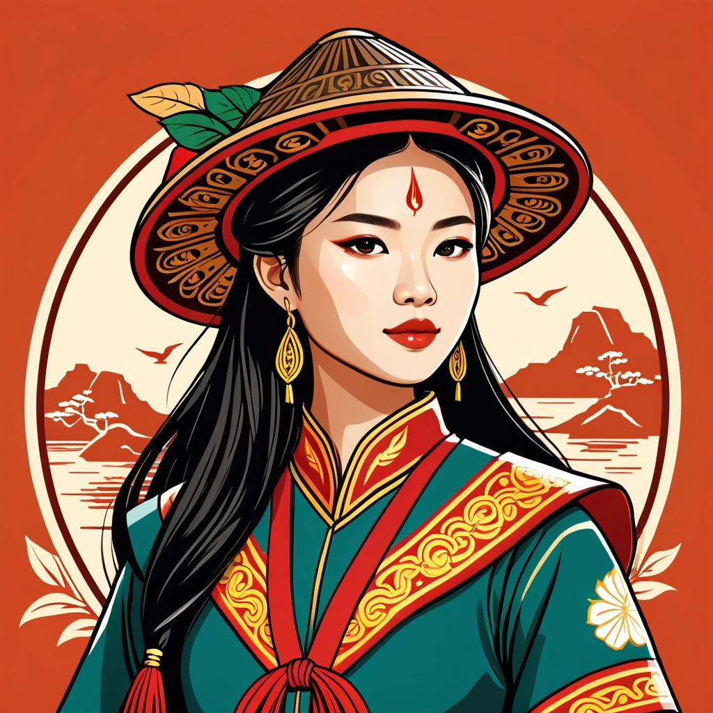 female pathfinder in vietnamese folk outfit ,vector graphics, strong contours, logo design
