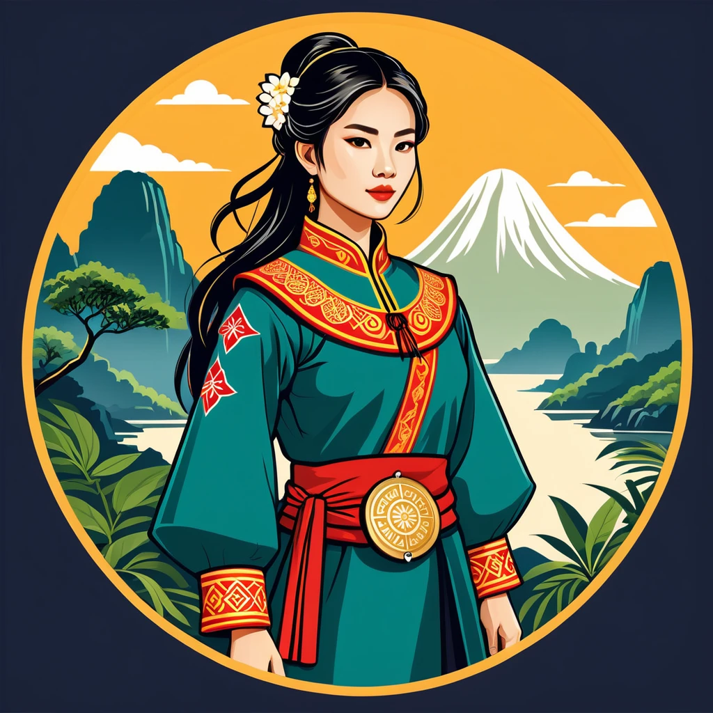 female pathfinder in vietnamese folk outfit ,vector graphics, strong contours, logo design