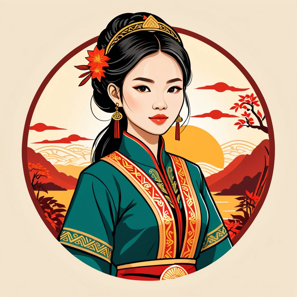 female pathfinder in vietnamese folk outfit ,vector graphics, strong contours, logo design