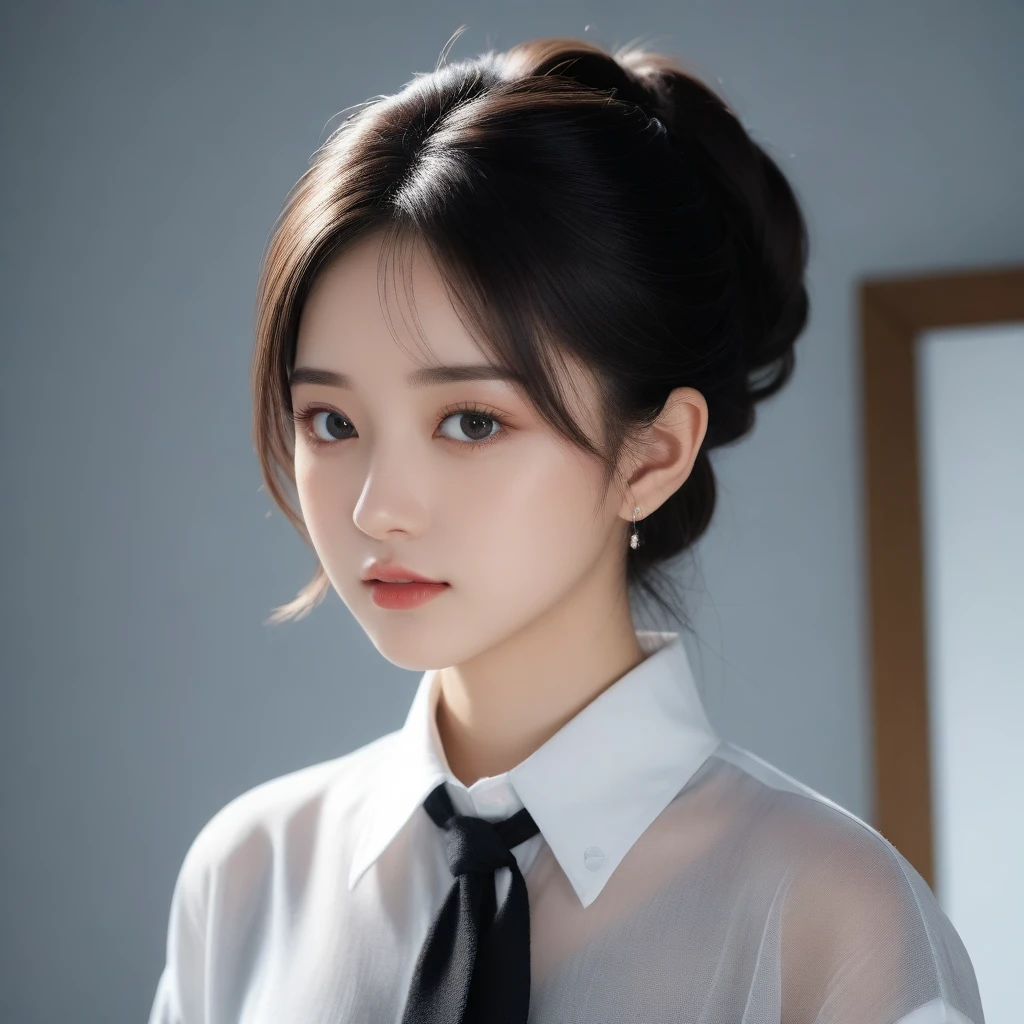 8k, Ultra-high resolution, Highest quality, masterpiece, 三分割法によるphotograph,Surreal, photograph, 1 Girl, (16 years old:1.3), pretty girl, Cute Face, 細部までBeautiful Eyes, 細かくdetailedに,masterpiece,One Girl:1.2,Japan Female Teachers,extream close up,sad,streaming tears,Black short hair,Messy bun hair,(印象派の美しい少女のPortraiture), (Gray background:1.3),(Impressionist light and colour), (Black see-through shirt:1.3), Perfect dynamic composition,Beautiful Eyes、Big earrings,Realistic Skin, Perfect and beautiful face ,完璧でCute Face, Skin with attention to detail, Perfect limbs、Narrow waist,Looking at the audience,(((Ideal body type))),A cup small breasts :2,Portraiture:2,Perfect Anatomy,鮮明なdetailed,detailed,Surreal,Light and shadow,darkness