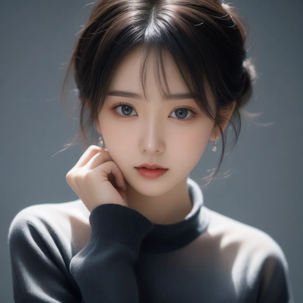 8k, Ultra-high resolution, Highest quality, masterpiece, 三分割法によるphotograph,Surreal, photograph, 1 Girl, (:1.3), pretty girl, Cute Face, 細部までBeautiful Eyes, 細かくdetailedに,masterpiece,One Girl:1.2,Japan Female Teachers,extream close up,sad,streaming tears,Black short hair,Messy bun hair,(印象派の美しい少女のPortraiture), (Gray background:1.3),(Impressionist light and colour), (Black see-through shirt:1.3), Perfect dynamic composition,Beautiful Eyes、Big earrings,Realistic Skin, Perfect and beautiful face ,完璧でCute Face, Skin with attention to detail, Perfect limbs、Narrow waist,Looking at the audience,(((Ideal body type))),A cup small breasts :2,Portraiture:2,Perfect Anatomy,鮮明なdetailed,detailed,Surreal,Light and shadow,darkness