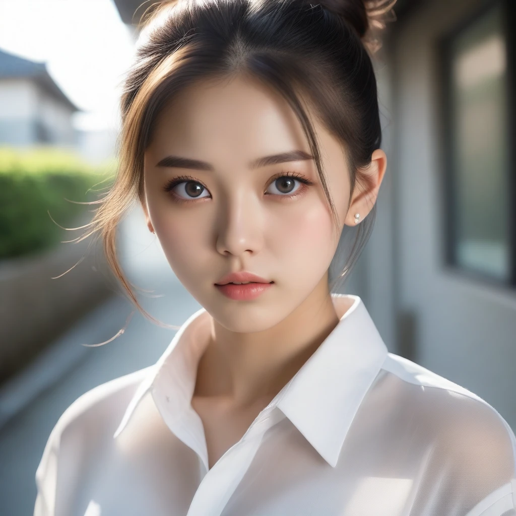8k, Ultra-high resolution, Highest quality, masterpiece, 三分割法によるphotograph,Surreal, photograph, 1 Girl, (16 years old:1.3), pretty girl, Cute Face, 細部までBeautiful Eyes, 細かくdetailedに,masterpiece,One Girl:1.2,Japan Female Teachers,extream close up,sad,streaming tears,Black short hair,Messy bun hair,(印象派の美しい少女のPortraiture), (Gray background:1.3),(Impressionist light and colour), (Black see-through shirt:1.3), Perfect dynamic composition,Beautiful Eyes、Big earrings,Realistic Skin, Perfect and beautiful face ,完璧でCute Face, Skin with attention to detail, Perfect limbs、Narrow waist,Looking at the audience,(((Ideal body type))),A cup small breasts :2,Portraiture:2,Perfect Anatomy,鮮明なdetailed,detailed,Surreal,Light and shadow,darkness