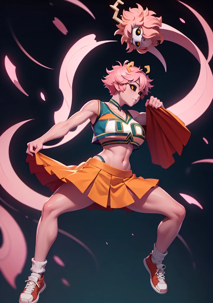 mina ashido, 1girl, solo, looking at viewer, short hair, simple background, yellow eyes, pink hair, horns, colored skin, colored sclera, black sclera, pink skin, U.A. CheerUniform, orange skirt, (bare belly), perfect shading, bare shoulders, big breasts