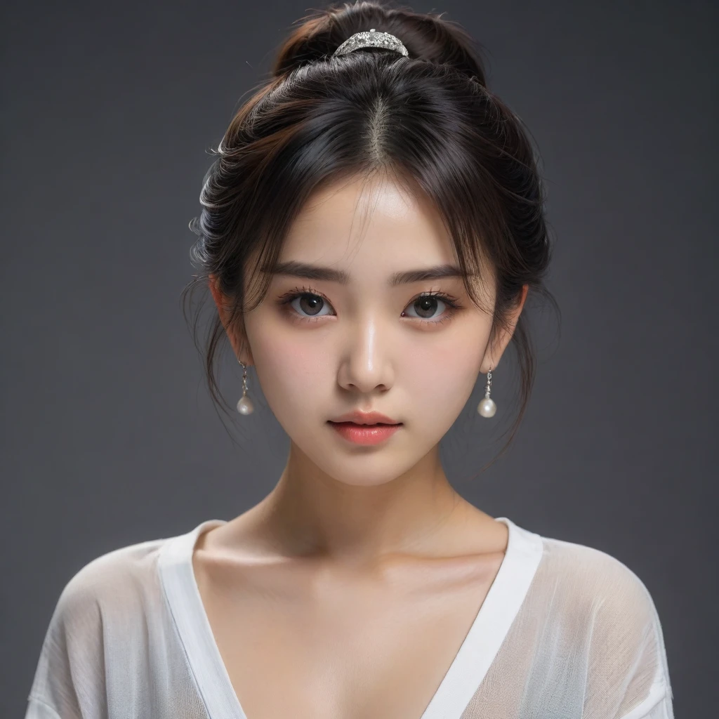 8k, Ultra-high resolution, Highest quality, masterpiece, 三分割法によるphotograph,Surreal, photograph, 1 Girl, (16 years old:1.3), pretty girl, Cute Face, 細部までBeautiful Eyes, 細かくdetailedに,masterpiece,One Girl:1.2,Japan Female Teachers,extream close up,sad,streaming tears,Black short hair,Messy bun hair,(印象派の美しい少女のPortraiture), (Gray background:1.3),(Impressionist light and colour), (Black see-through shirt:1.3), Perfect dynamic composition,Beautiful Eyes、Big earrings,Realistic Skin, Perfect and beautiful face ,完璧でCute Face, Skin with attention to detail, Perfect limbs、Narrow waist,Looking at the audience,(((Ideal body type))),A cup small breasts :2,Portraiture:2,Perfect Anatomy,鮮明なdetailed,detailed,Surreal,Light and shadow,darkness