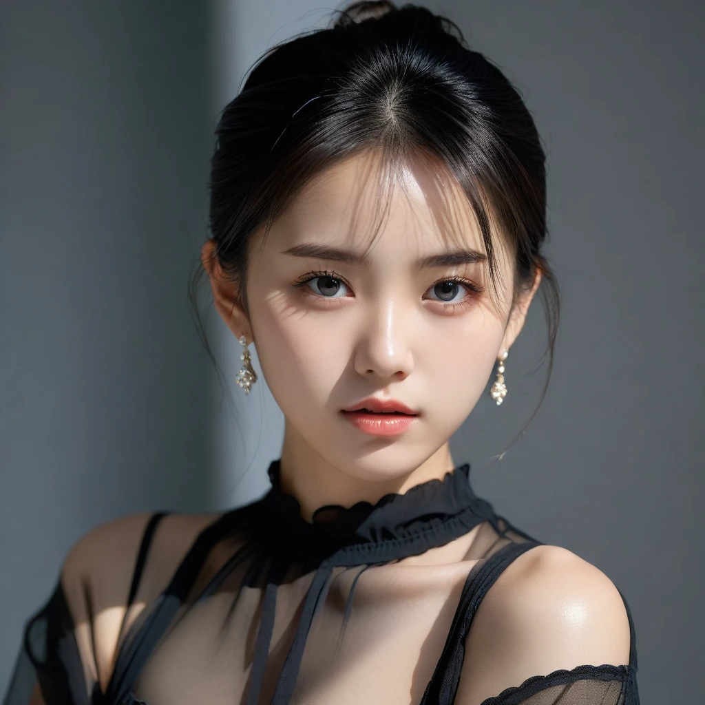 8k, Ultra-high resolution, Highest quality, masterpiece, 三分割法によるphotograph,Surreal, photograph, 1 Girl, (16 years old:1.3), pretty girl, Cute Face, 細部までBeautiful Eyes, 細かくdetailedに,masterpiece,One Girl:1.2,Japan Female Teachers,extream close up,sad,streaming tears,Black short hair,Messy bun hair,(印象派の美しい少女のPortraiture), (Gray background:1.3),(Impressionist light and colour), (Black see-through shirt:1.3), Perfect dynamic composition,Beautiful Eyes、Big earrings,Realistic Skin, Perfect and beautiful face ,完璧でCute Face, Skin with attention to detail, Perfect limbs、Narrow waist,Looking at the audience,(((Ideal body type))),A cup small breasts :2,Portraiture:2,Perfect Anatomy,鮮明なdetailed,detailed,Surreal,Light and shadow,darkness