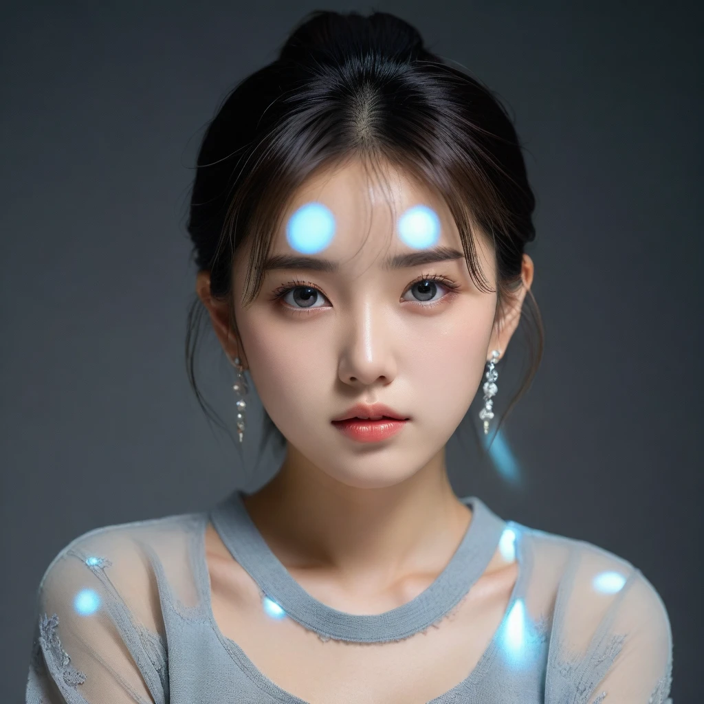 8k, Ultra-high resolution, Highest quality, masterpiece, 三分割法によるphotograph,Surreal, photograph, 1 Girl, (16 years old:1.3), pretty girl, Cute Face, 細部までBeautiful Eyes, 細かくdetailedに,masterpiece,One Girl:1.2,Japan Female Teachers,extream close up,sad,streaming tears,Black short hair,Messy bun hair,(印象派の美しい少女のPortraiture), (Gray background:1.3),(Impressionist light and colour), (Black see-through shirt:1.3), Perfect dynamic composition,Beautiful Eyes、Big earrings,Realistic Skin, Perfect and beautiful face ,完璧でCute Face, Skin with attention to detail, Perfect limbs、Narrow waist,Looking at the audience,(((Ideal body type))),A cup small breasts :2,Portraiture:2,Perfect Anatomy,鮮明なdetailed,detailed,Surreal,Light and shadow,darkness