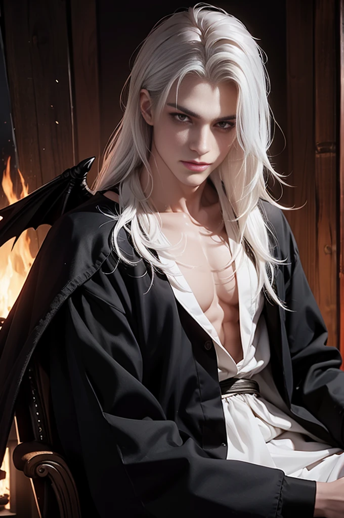 ((Best quality)), ((masterpiece)), 8k (detailed), ((perfect face)), perfect proporcions, ((halfbody)) he is a sorcerer, he is 30 years old, he dresses in a wizard's robe, gothic style, he has red eyes, he has long wavy white hair, he is in a witcher's hut, he is strong and muscular, he has the bare torso, he is a demon ((perfect face)) sexy male, gothic make up ((fullfbody)) white hair, he has demon wings, he has black horns, horns, demon, dominant, man face, ((perfect eyes)) red eyes, fire in the eyes, 