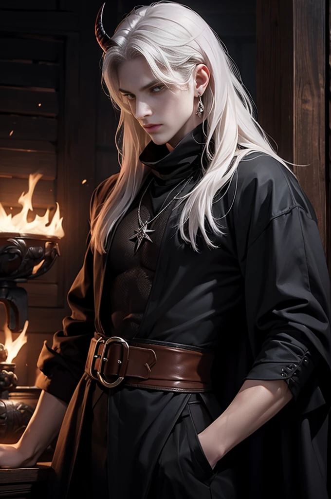 ((Best quality)), ((masterpiece)), 8k (detailed), ((perfect face)), perfect proporcions, ((halfbody)) he is a sorcerer, he is 30 years old, he dresses in a wizard's robe, gothic style, he has red eyes, he has long wavy white hair, he is in a witcher's hut, he is strong and muscular, he has the bare torso, he is a demon ((perfect face)) sexy male, gothic make up ((fullfbody)) white hair, he has demon wings, he has black horns, horns, demon, dominant, man face, ((perfect eyes)) red eyes, fire in the eyes, 