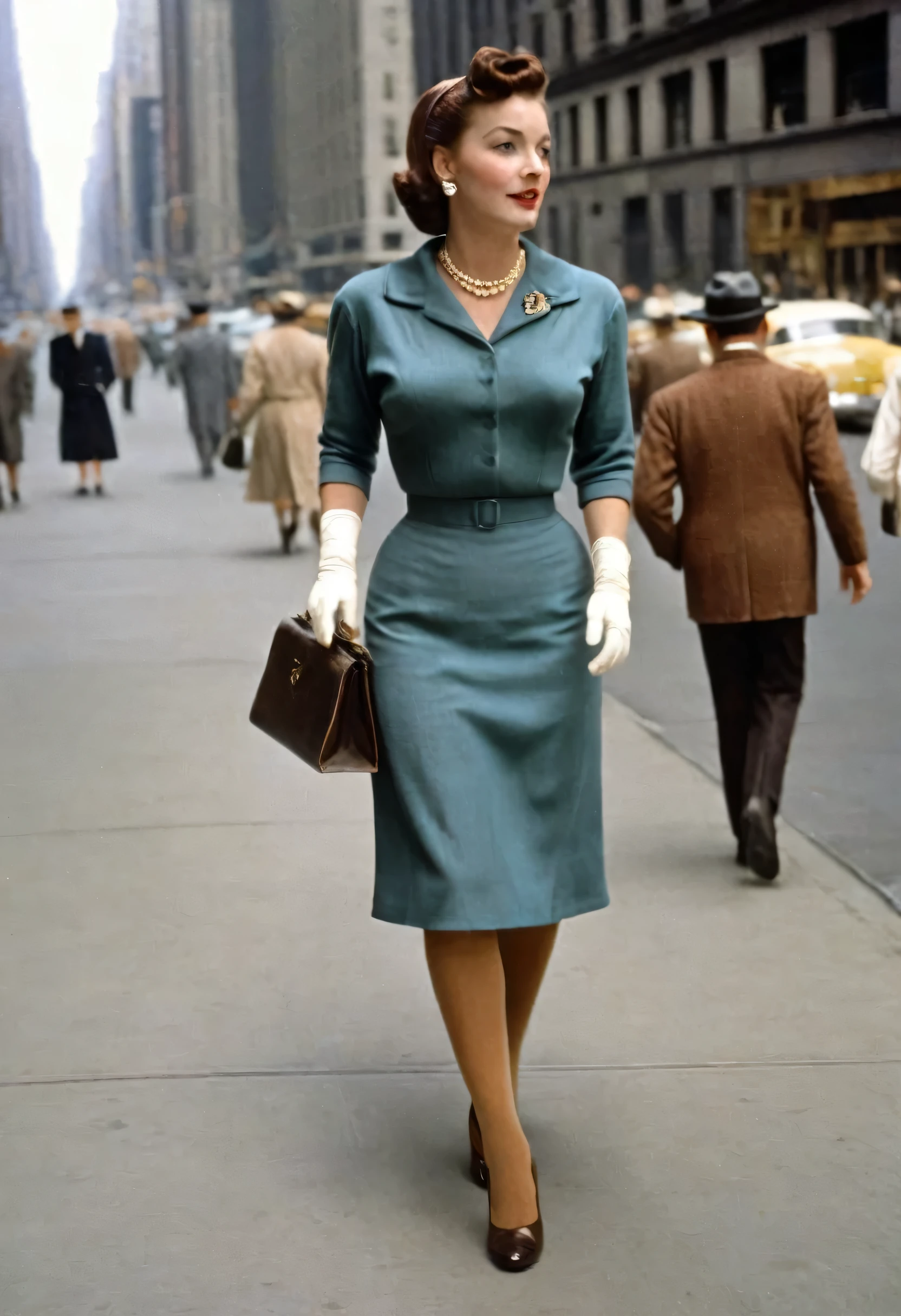 A woman walks along New York's 5th Avenue in the 1950s. (((She is wearing a tight calf-length dress))), typical of the time, ((beige nylon socks with seams:1.4)), duffel bag. Camera perspective from behind, Ballantyne, (close your legs:1.5), (((350mm,))), retro fashion style
