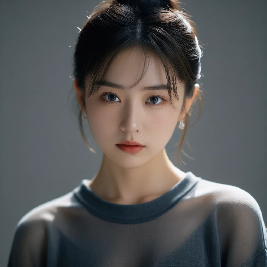 8k, Ultra-high resolution, Highest quality, masterpiece, 三分割法によるphotograph,Surreal, photograph, 1 Girl, (16 years old:1.3), pretty girl, Cute Face, 細部までBeautiful Eyes, 細かくdetailedに,masterpiece,One Girl:1.2,Japan Female Teachers,extream close up,sad,streaming tears,Black short hair,Messy bun hair,(印象派の美しい少女のPortraiture), (Gray background:1.3),(Impressionist light and colour), (Black see-through shirt:1.3), Perfect dynamic composition,Beautiful Eyes、Big earrings,Realistic Skin, Perfect and beautiful face ,完璧でCute Face, Skin with attention to detail, Perfect limbs、Narrow waist,Looking at the audience,(((Ideal body type))),A cup small breasts :2,Portraiture:2,Perfect Anatomy,鮮明なdetailed,detailed,Surreal,Light and shadow,darkness