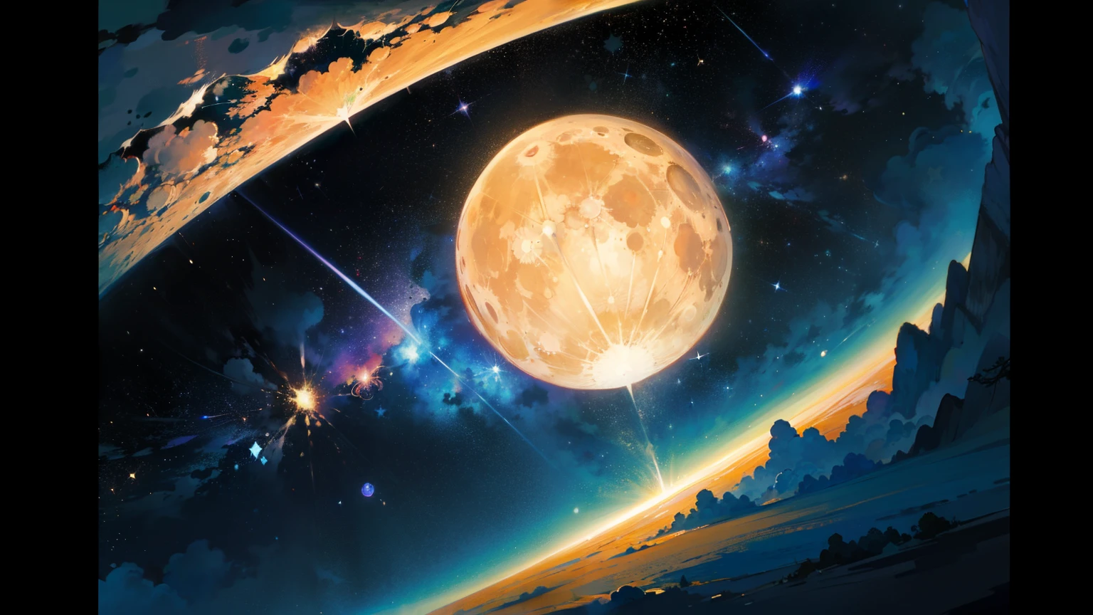 ((best quality)), ((masterpiece)), (detailed), cosmic moon, in space with orange aspects every where, exploding stars decaying to stardust