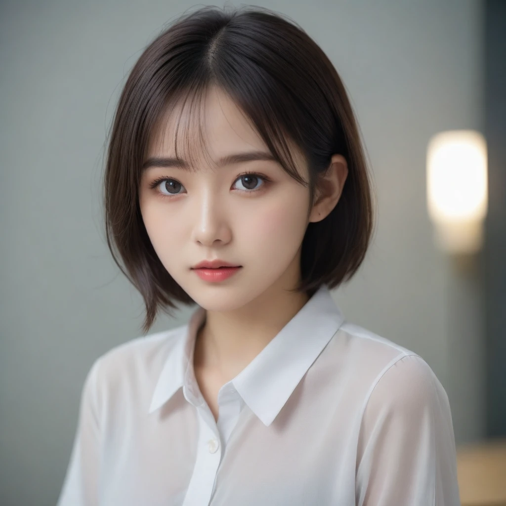 8k, Ultra-high resolution, Highest quality, masterpiece, 三分割法によるphotograph,Surreal, photograph, 1 Girl, (:1.3), pretty girl, Cute Face, 細部までBeautiful Eyes, 細かくdetailedに,masterpiece,One Girl:1.2,Japan Female Teachers,extream close up,sad,streaming tears,Black short hair,Messy bun hair,(印象派の美しい少女のPortraiture), (Gray background:1.3),(Impressionist light and colour), (Black see-through shirt:1.3), Perfect dynamic composition,Beautiful Eyes、Big earrings,Realistic Skin, Perfect and beautiful face ,完璧でCute Face, Skin with attention to detail, Perfect limbs、Narrow waist,Looking at the audience,(((Ideal body type))),A cup small breasts :2,Portraiture:2,Perfect Anatomy,鮮明なdetailed,detailed,Surreal,Light and shadow,darkness
