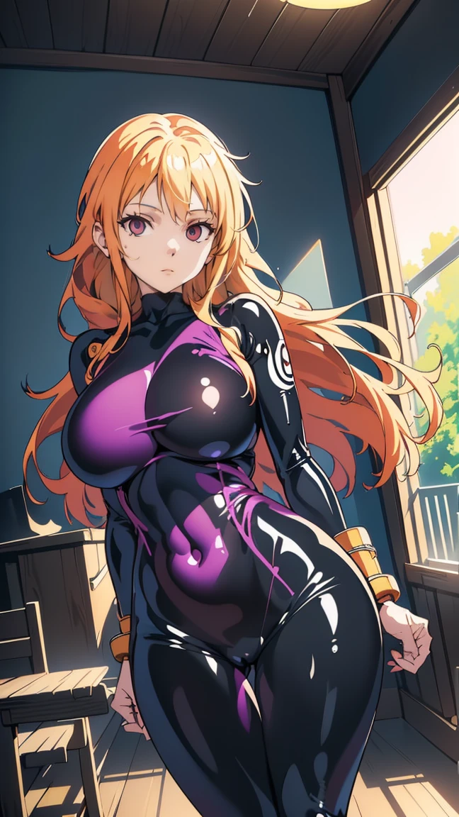  1 female,Browsing Caution, ((Stand up), Nami(ONEPIECE),Orange Hair,  (((Black latex tight bodysuit))),  clavicle, Hollow Eyes, ((big breasts 1.8)),((hypnotism,Mind control, Sharp eyes)),((With eyes wide open)),(The pupils constrict,Glowing purple eyes,Hollow Eyes), brainwashing,Hollow Eyes,(Expressionless, Emotional Removal), (Highest quality、4K、8k、High resolution、Must have:1.2)、Very detailed、(reality、reality、reality:1.37)、Ticker、Hyper HD、Studio Lighting、Ultra-precise Paint、Sharp focus、Physically Based Rendering、Very detailed、Professional specifications、Vibrancy and color、Blurred、Sports portrait、landscape、Horror Style、Anime Big 、sf、photograph、Concept Artist、Five Fingers, Perfect body,  {{{masterpiece}}}, {{{Highest quality}}}, {{Very detailed}}, {shape}, {{Very delicate and beautiful}},Improved cost performance、All Roles,  