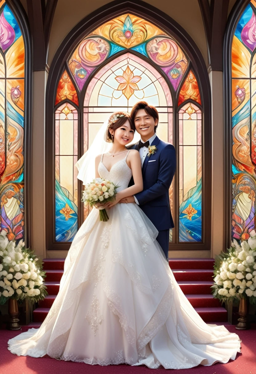 Top quality, ultra-fine illustrations(associations, colorful stained glass with shimmering light, kaleidoscope, wedding aisles lined with jewel-like lamps)(very detailed and beautiful faces, very detailed and beautiful eyes, eyes with lively brilliance)absurdres, perfect anatomy(angelic cute 1girl, kemono, angelic handsome 1boy, couple)(happy wedding, husband in tuxedo, beastman wife in wedding dress, husband hugging wife's shoulders, Two people staring at each other and smiling, wedding photo, bouquet of beautiful flowers, shining wedding ring on ring finger)(furry anthro, furry body, animal face features, animal body features)(very detailed fur)full body, smile (dynamic pose),