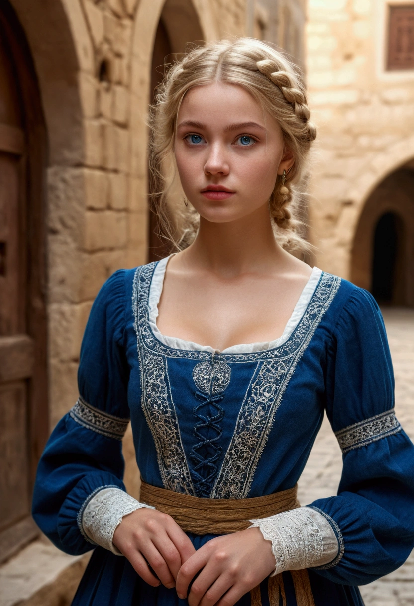 best qualityer, work of art, photo realist, details Intricate, CRU photo, ultra detaild, Young woman the old fashioned way, Pair it with a peasant-inspired dress, no cleavage, hair blonde, Perfect details and blue eyes, Walk in the ancient city, qualidade hd, 8k, young woman, 20 years old