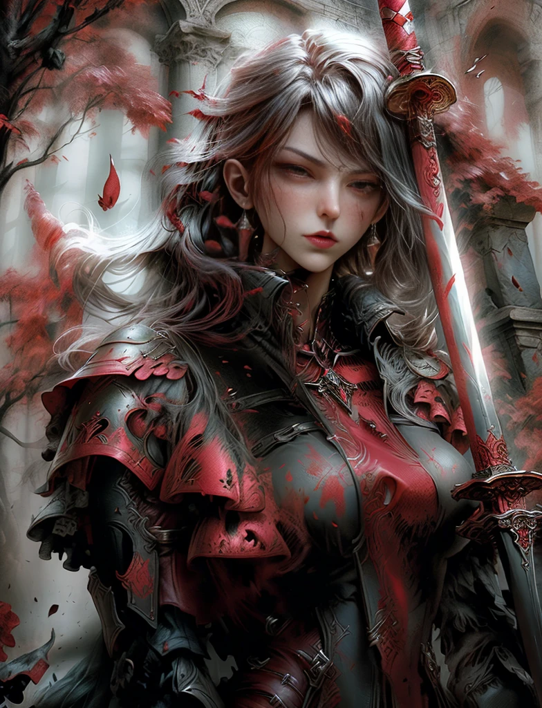 a woman in a red and black outfit holding a sword, lady in red armor, gothic fantasy art, beautiful female assassin, female assassin, female vampire warrior, heroic fantasy art, style of raymond swanland, beautiful warrior woman, female red assassin, fantasy warrior, dark fantasy art, monochrome and red color bleeding, fantasy art hd, dark fantasy art, Adrian Smith Arte Fantasia