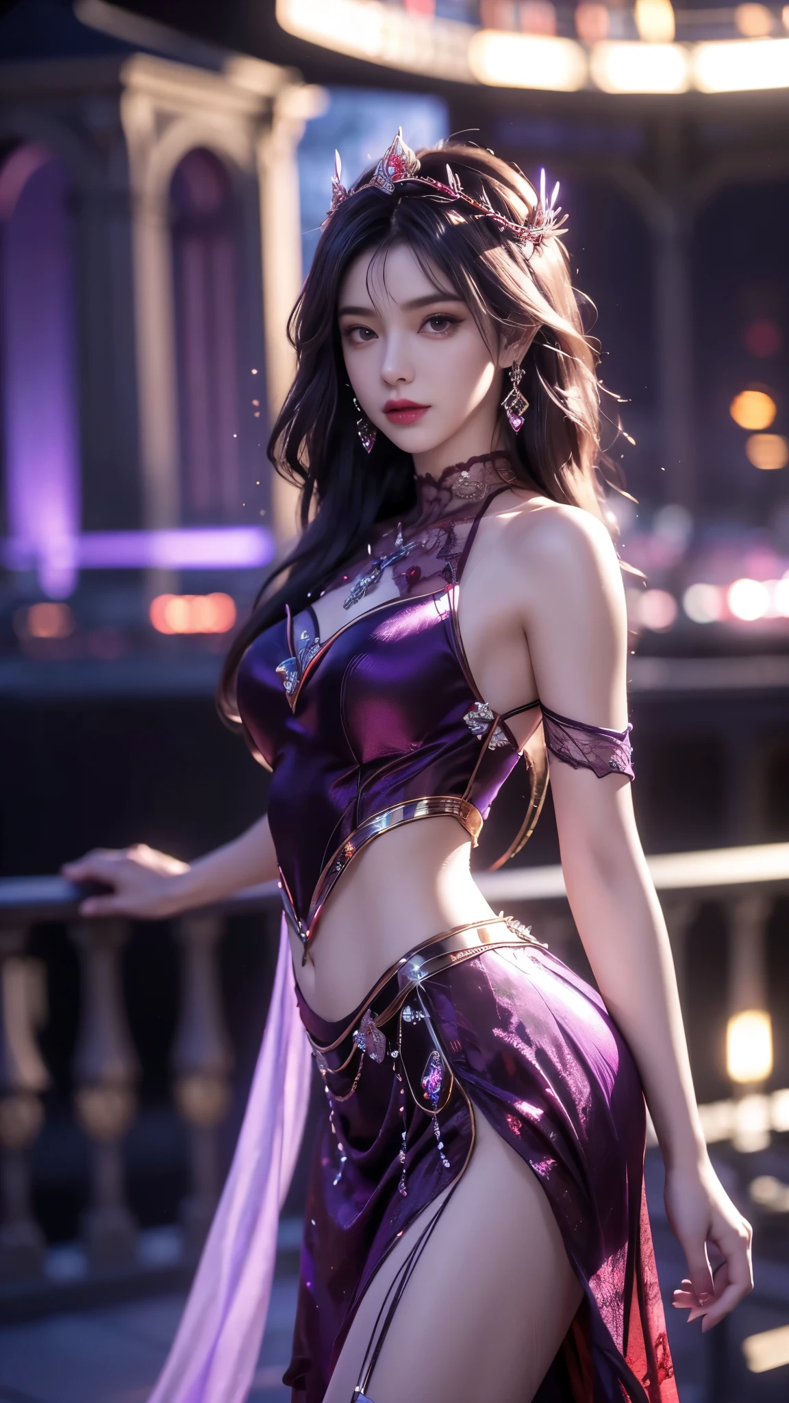 8K, UHD, MAsterpiece, best quality, 1 girl, (realistic face), happy pace, very long hair, small breasts, decorated dress, very beautiful ornaments dress, ((purple and red)), ((lace)), mesh dress, sardine, loops, legendary night balcony, depth of field, cinematic lighting, chromatic aberration, motion blur, glowing light, god rays, ray tracing, reflection light, backlighting, navel short,