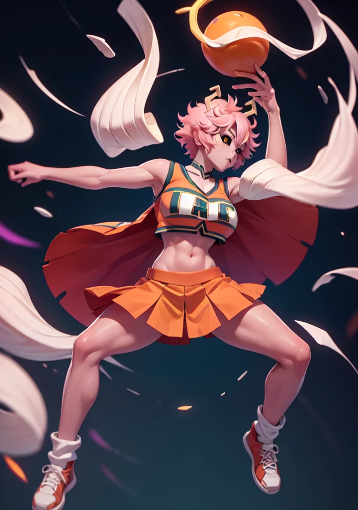 mina ashido, 1girl, solo, looking at viewer, short hair, simple background, yellow eyes, pink hair, horns, colored skin, colored sclera, black sclera, pink skin, U.A. CheerUniform, orange skirt, (bare belly), perfect shading, bare shoulders, big breasts