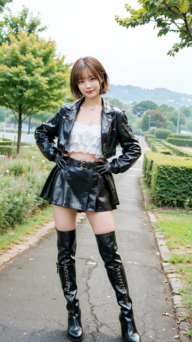(8k、RAW Photos、Highest quality、masterpiece:1.2)、(Realistic、Realistic)、1 Girl、((mini skirt、hero costume、Medium Hair、smile、whole body、Gloves、Jacket、black、boots、garden、View from the front、Looking at the camera、Hands on your hips))、cute