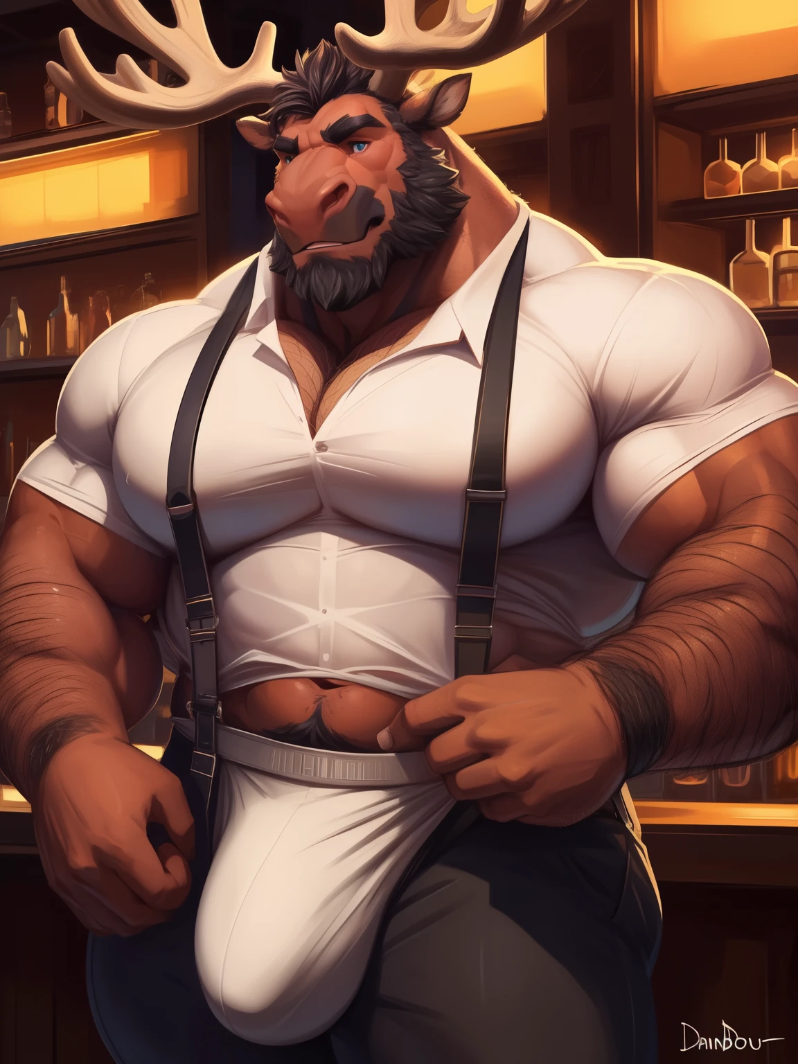 indong, lucusold, lanxus, a man with a muscle, furry deer wearing ((super tight white shirt with suspenders:1.2)), big moose antlers, human face, bulge, bar, bartender, ((muscular, hefty pecs, hairy torso, six pack):1.3), shy, blushed cheeks, bearded , thicc, lowres, giant and muscular, danbooru and artstation, heavy detailed, insanely inflated hips, proportionally arms, commission for high res, detailed but rough, semirealistic:1.3