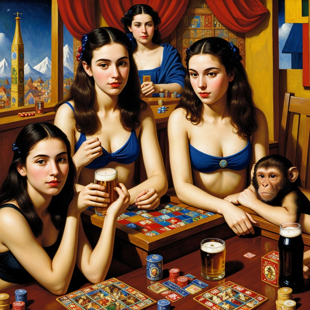 ((Best Quality)), ((masterpiece)), (detailed), monkey, 2 girls, board game, beer, drugs, cubism, surreal