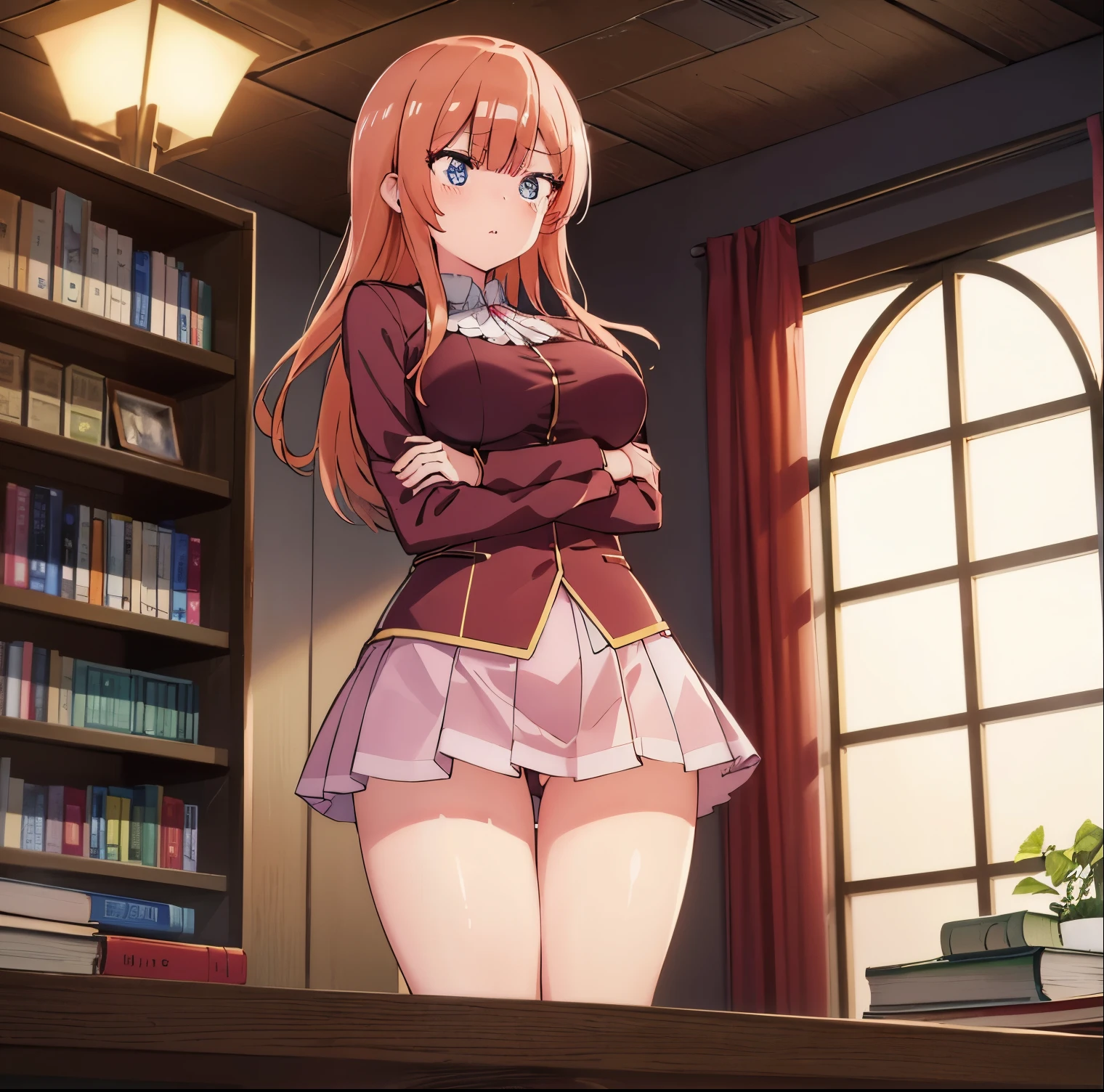 ((1girl)),((alone)),ogata rizu,(masterpiece), (best quality), (ultra detailed), (best illustration), (best shadow), (absurdities), sharp focus, cowboy shot , dynamic posture looking at the viewer, big breasts, narrow waist, wide hips, wide thighs, round butt, erotic, romantic, (very detailed eyes, lips 1.1), very detailed eyes, eyes, Very detailed face, Very beautiful face, height full, beautiful slim figure, femininity, expressive appearance, elastic big breasts, increased sexuality, ((without glasses: 1.4)), orange hair, long hair, light blue blouse: 1.4, opening in the chest: 1.3, sleeve to the elbows: 1.2, sleeve, pink skirt: 1.4, knee-length skirt: 1.3, bare legs: 1.2, red heels: 1.3, defined body, perfect and beautiful body, perfect and beautiful, mouth closed, calm expression, blushing, (pose sexy: 1.2), ((only)), standing: 1.3, indoors, library, bookshelf, books, table, window, sunset, looking forward, ((focus on legs)), point of view (from below) , red blush, perfect anatomy, perfect hands,