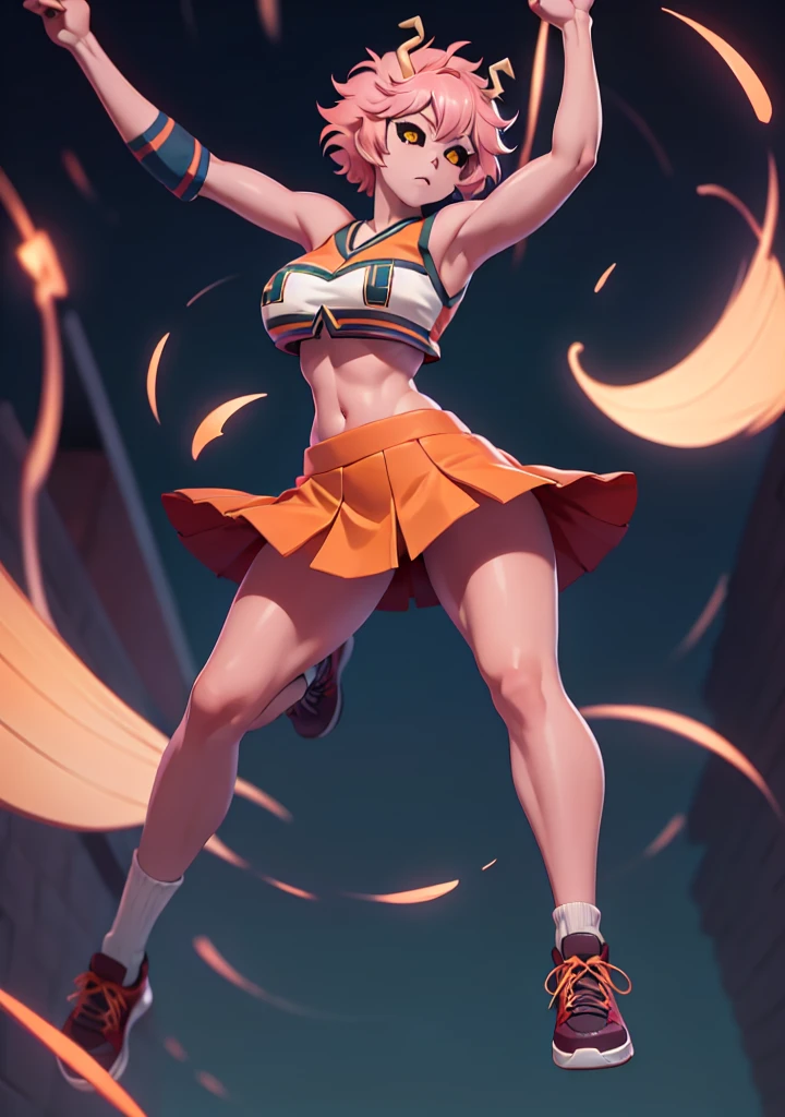 mina ashido, 1girl, solo, looking at viewer, short hair, simple background, yellow eyes, pink hair, horns, colored skin, colored sclera, black sclera, pink skin, U.A. CheerUniform, orange skirt, (bare belly), perfect shading, bare shoulders, big breasts