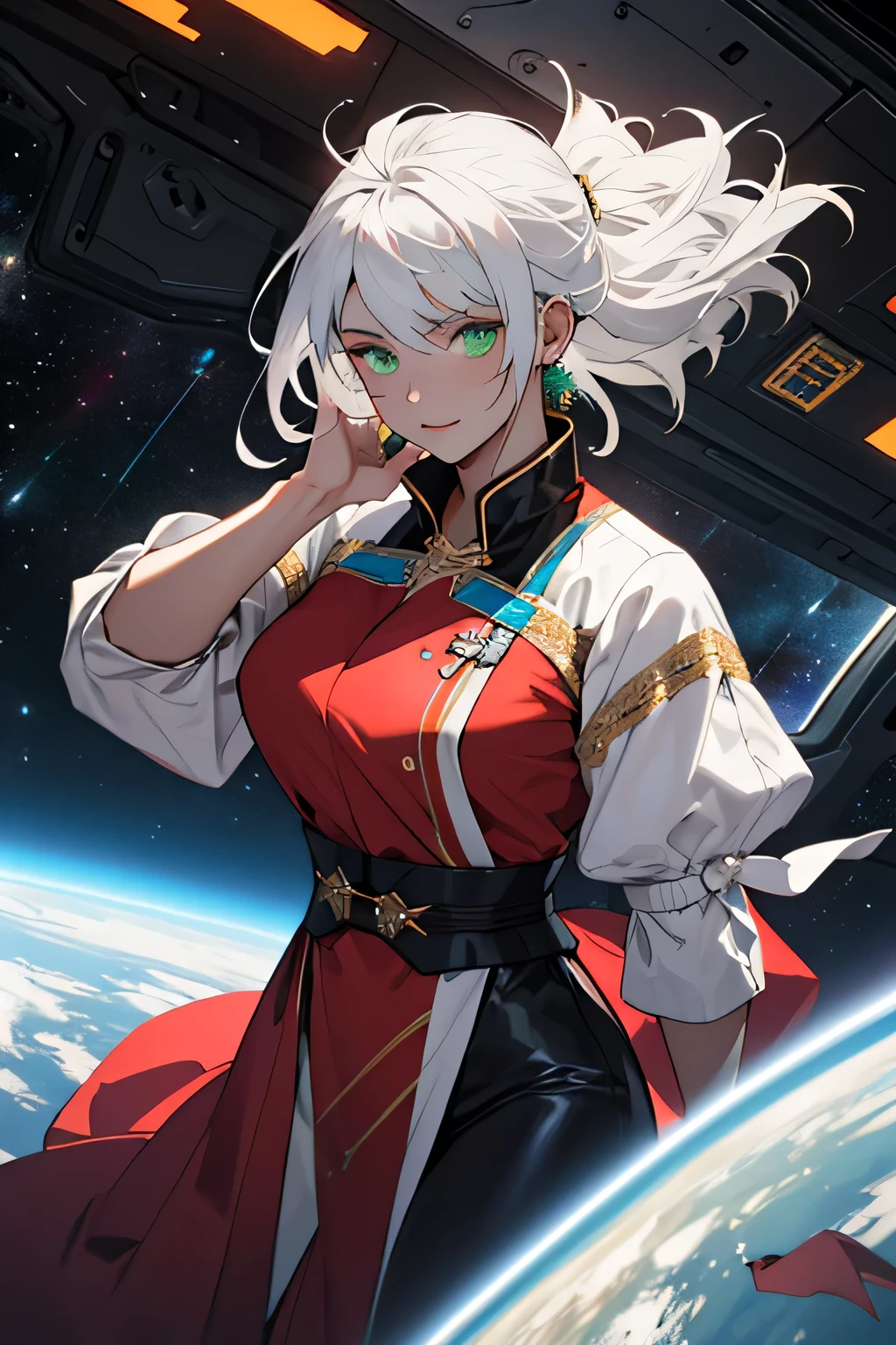 busty young woman in royal costume floating in space with young woman with green eyes and white hair. his skin is black.