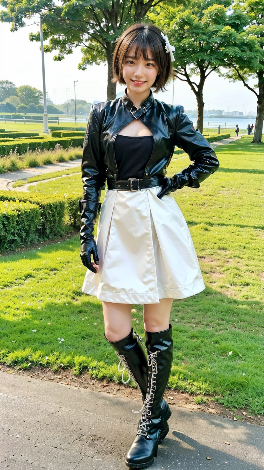 (8k、RAW Photos、Highest quality、masterpiece:1.2)、(Realistic、Realistic)、1 Girl、((mini skirt、hero costume、Medium Hair、smile、whole body、Gloves、Jacket、Black and white、boots、garden、View from the front、Looking at the camera、Hands on your hips))、cute