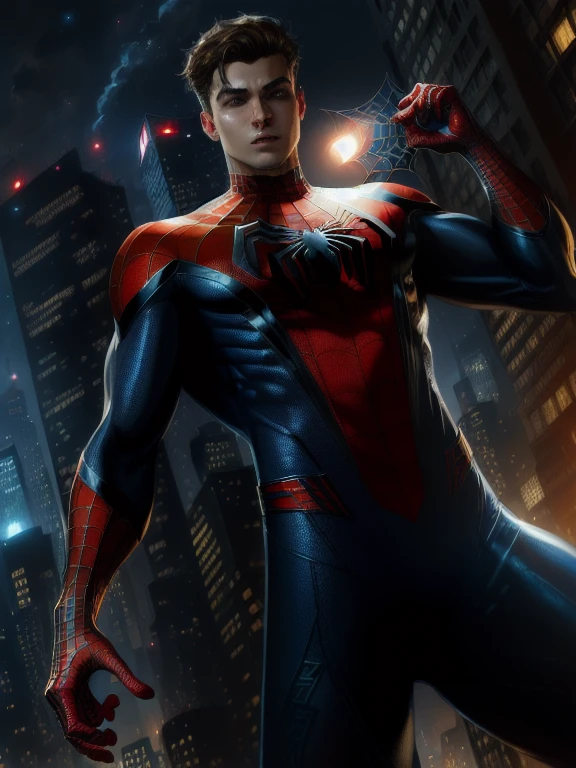 (Award Winning Digital Artwork:1.3) ,(Energetic:1.3), spider-man,CGSociety,ArtStation, in air, between skyscrapers,(Masculinine:1.4),(beautiful:1.4),(attractive:1.3),handsome,web shot ,perfectly detailed eyes, Spider web, thematic background, black costume, swinging