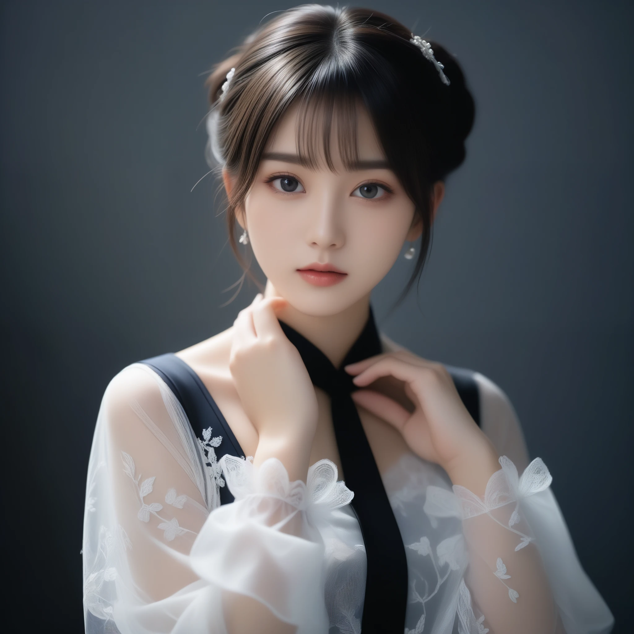 8k, Ultra-high resolution, Highest quality, masterpiece, 三分割法によるphotograph,Surreal, photograph, 1 Girl, (:1.3), pretty girl, Cute Face, Beautiful eyes in every detail, 細かくdetailedに,masterpiece,One Girl:1.2,Japan Female Teachers,extream close up,sad,streaming tears,Black short hair,Messy bun hair,(black suit:1.3),Nun's clothing,(印象派の美しい少女のPortraiture), (Gray background:1.3),(Impressionist light and colour),Gothic Girl , (One-piece suit, Embroidery lace, Sexy Embroidered Mesh Pantyhose Gloves),Realistic Skin, Perfect and beautiful face ,完璧でCute Face, Skin with attention to detail, Perfect limbs、Narrow waist,Looking at the audience,(((Ideal body type))),A cup small breasts :2,Portraiture:2,Perfect Anatomy,鮮明なdetailed,detailed,Surreal,Light and shadow,darkness