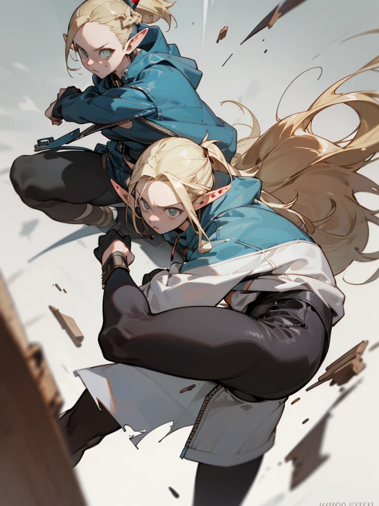 (masterpiece, best quality) detailed, Wearing black tights, silver accessories , zipper unzipped , blonde ,elegant, pointed ears,torn clothes,Pierced clothes,fighting stance