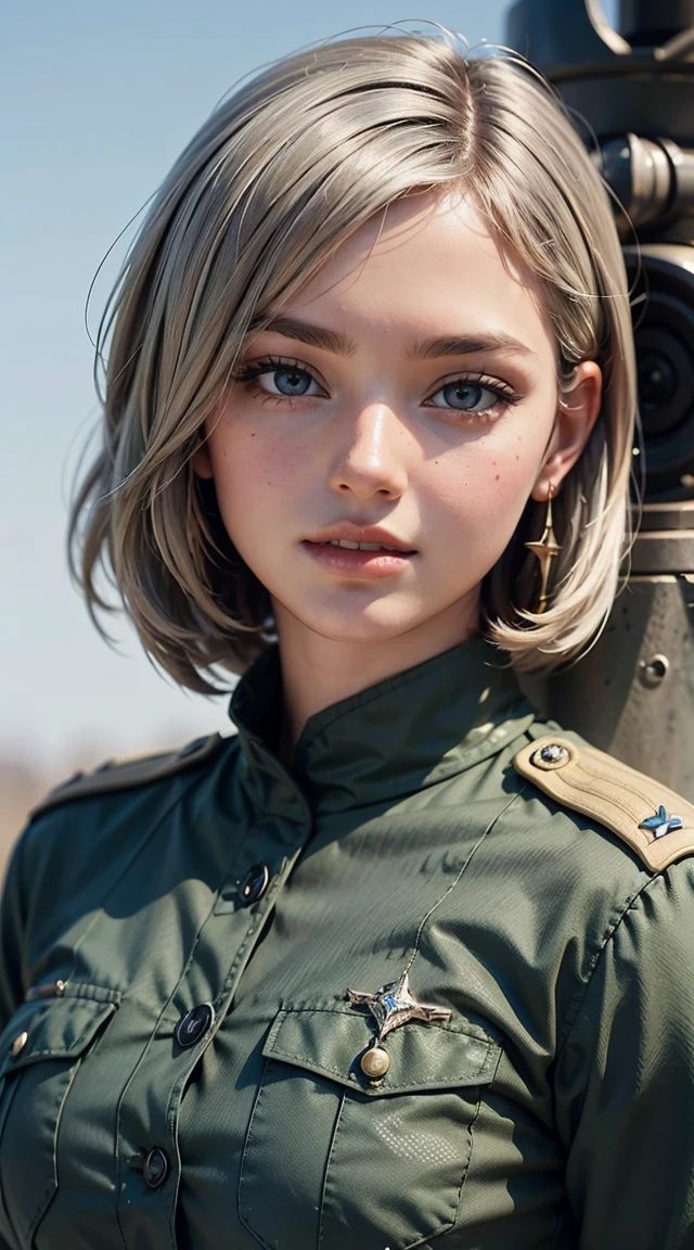 black woman, light smile, glowing skin, better quality, illustration, (realistic:1.4) 여성 soldier, female officer, soldier, military uniform, Permed hair, silver hair, black eyes, short hair