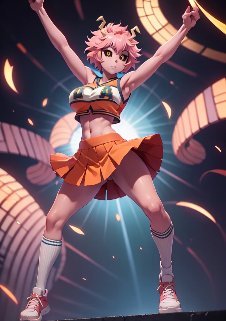 mina ashido, 1girl, solo, looking at viewer, short hair, simple background, yellow eyes, pink hair, horns, colored skin, colored sclera, black sclera, pink skin, U.A. CheerUniform, orange skirt, (bare belly), perfect shading, bare shoulders, big breasts