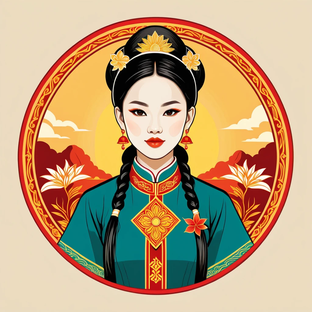 female priest in vietnamese folk outfit ,vector graphics, strong contours, logo design
