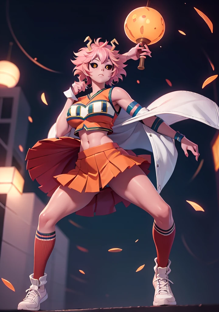 mina ashido, 1girl, solo, looking at viewer, short hair, simple background, yellow eyes, pink hair, horns, colored skin, colored sclera, black sclera, pink skin, U.A. CheerUniform, orange skirt, (bare belly), perfect shading, bare shoulders, big breasts